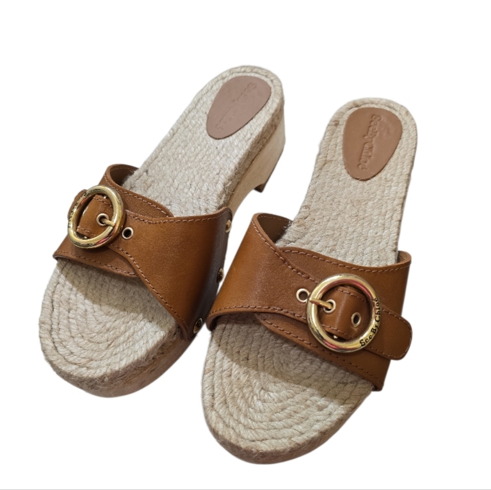 See By Chloe Viviane Leather Jute Wood Platform Sandals Open Toe Clog Cedar 37 7 - Picture 5 of 12